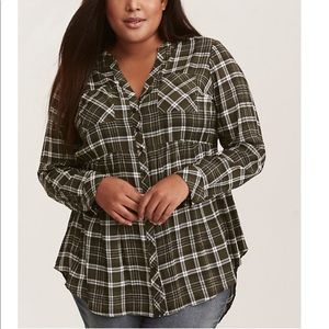 Olive green babydoll plaid blouse